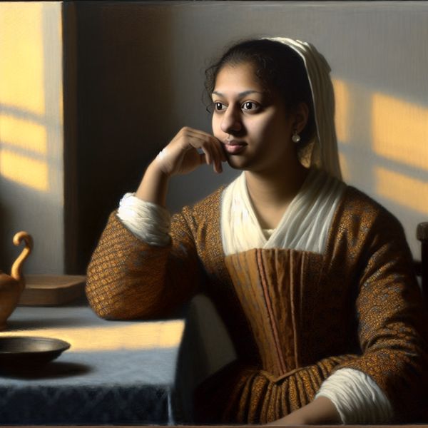 In zekere mate betekenis: introspectieve scène voor taal en emotie leren Contemplatieve persoon aan tafel in Vermeer-stijl, verlicht door zacht raamlicht, symboliseert 'in zekere mate' emoties en waarheid