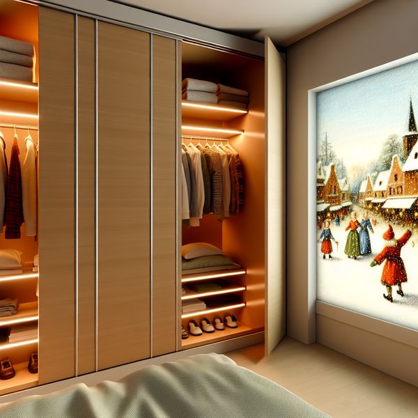 Inbouwkast in slaapkamer met winterlandschap Gezellige slaapkamer met een inbouwkast vol georganiseerd opbergmeubilair, en een winterlandschap zichtbaar door het raam.