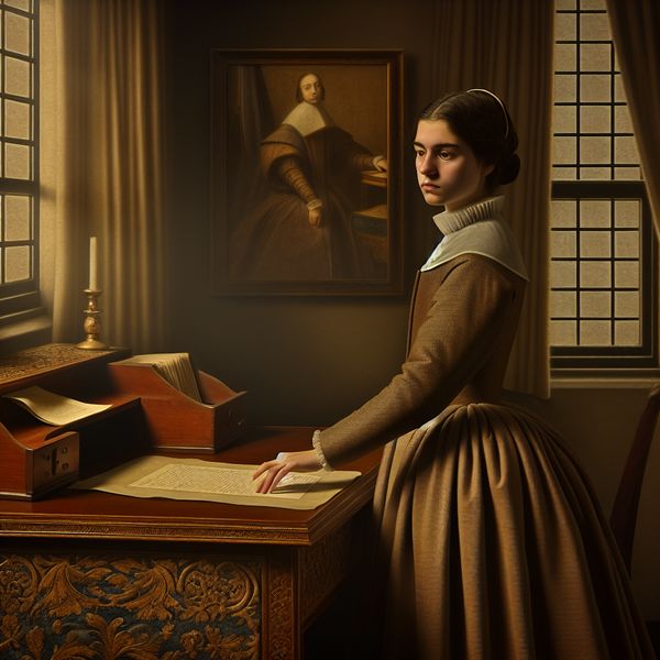 Inbreuk en voorzichtigheid in een sereen interieur Een jonge vrouw in elegante, gedempte kleding zit voor een bureau met een document, waarbij ze haar vinger net boven het document houdt, wat het idee van inbreuk symboliseert.