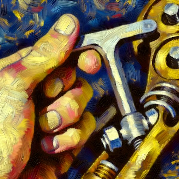 Inbussleutel gebruiken om bout vast te draaien - Van Gogh stijl gereedschap illustratie Hand die een inbussleutel gebruikt om een bout vast te draaien op een mechanisch object, geschilderd in de stijl van Vincent van Gogh met expressieve penseelstreken en levendige kleuren