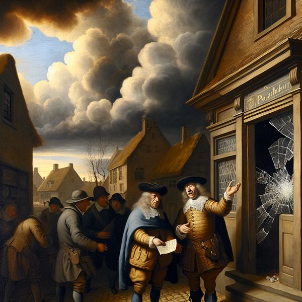 17e-eeuws Nederlands dorpsgezicht met politiegebouw waar een man een incident meldt bij een agent