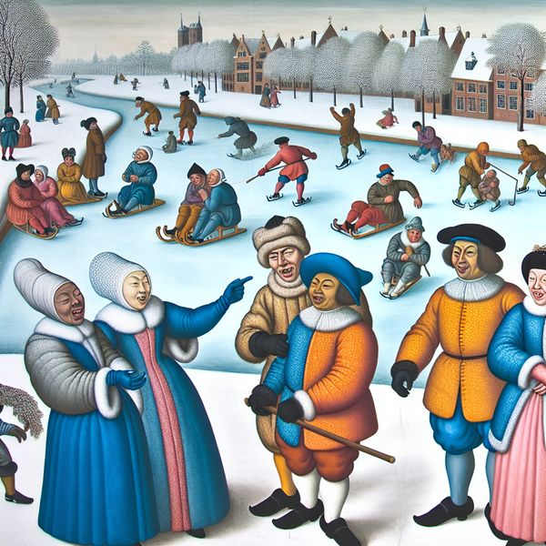 Inclusief samenwerken in winterse setting - historische Nederlandse groepsdynamiek Drie mensen in 17e-eeuwse Nederlandse winterkleding staan samen op een bevroren kanaal, wijzend en pratend, omringd door schaatsers en andere winteractiviteiten in een levendige, gemeenschappelijke sfeer