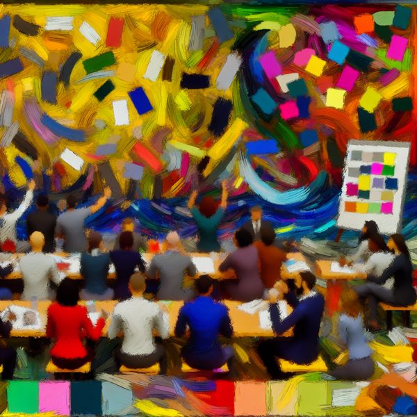 Inclusieve Brainstormsessie in Abstracte Expressie Abstract expressionist beeld van een diverse groep mensen die brainstormen op een project, met een groot bord vol kleurrijke sticky notes.