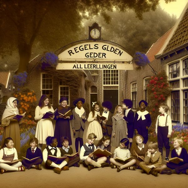 Inclusieve schoolregels voor leerlingen Groep diverse schoolkinderen onder een oud-schoolbord met de tekst 'Regels gelden voor alle leerlingen', met een vintage schoolgebouw op de achtergrond.