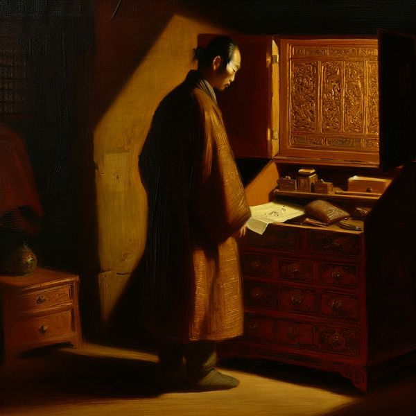 Olieverfschilderij in Rembrandt-stijl van een persoon die persoonlijke voorwerpen zoals een brief, portret en zakhorloge in een houten kast plaatst, met dramatisch clair-obscur licht