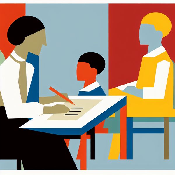 Individuele aandacht bij taalonderwijs - minimalistische illustratie voor taalstudenten Minimalistische illustratie van een docent die individueel aandacht geeft aan een leerling, met correcties op papier en heldere kleuren in de stijl van Dick Bruna