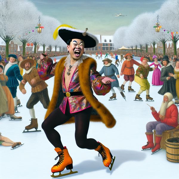 Een levendig winterscène met mensen op een ijsbaan, met een flambant geklede man die indruk probeert te maken met zijn ijsdansmoves.