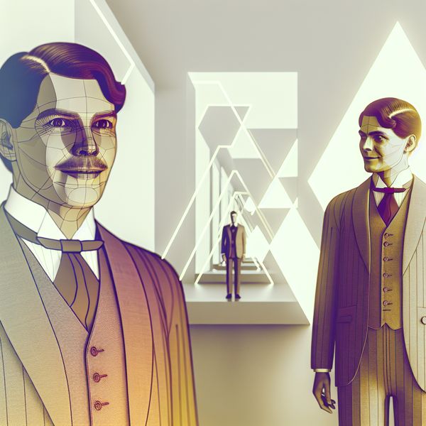 Visuele gelijkenis en indruk maken - Taalillustratie Nederlands leren Twee mannen met opvallende gelijkenis naast elkaar in retro-futuristische stijl, illustrerend hoe iemand de indruk kan wekken op een ander te lijken