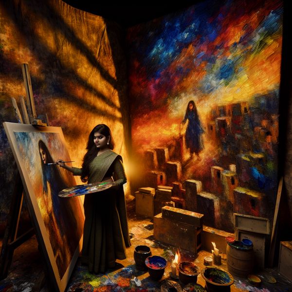 Indrukwekkend portret van een jonge kunstenares in haar studio Portret van een jonge vrouwelijke kunstenaar in haar atelier, omringd door haar schilderijen.