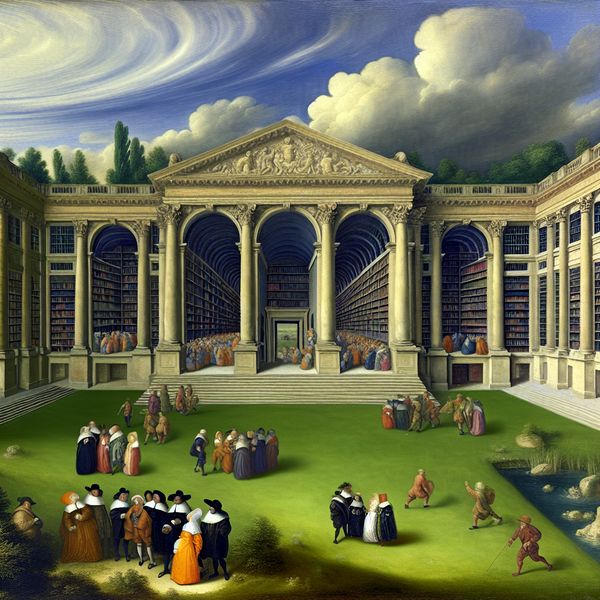 Een indrukwekkende bibliotheek met klassieke architectuur omringd door een groene landschap, waar mensen binnenkomen en boeken zichtbaar zijn door de ramen.