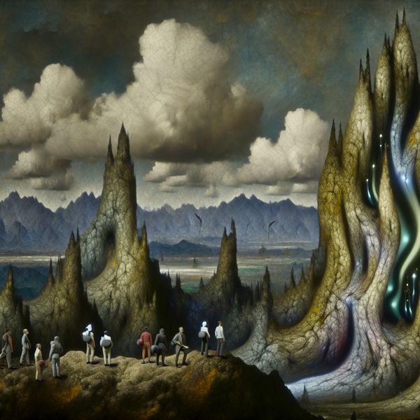 Surrealistisch landschap in de stijl van Hieronymus Bosch met imposante bergketen, mysterieuze hemel en kleine mensfiguren die eerbied tonen voor de grootsheid van de natuur