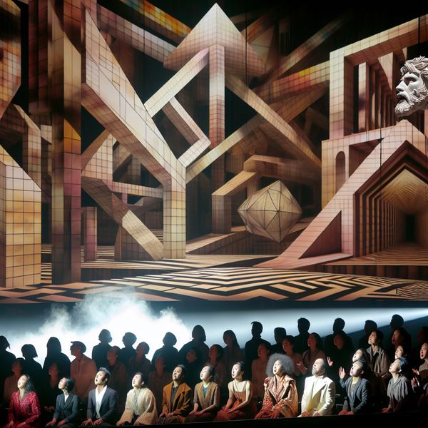 Indrukwekkende Theater Voorstelling Met Emotionele Publiek Indrukwekkende theatrale voorstelling met emotionele toeschouwers, complexe geometrische structuren