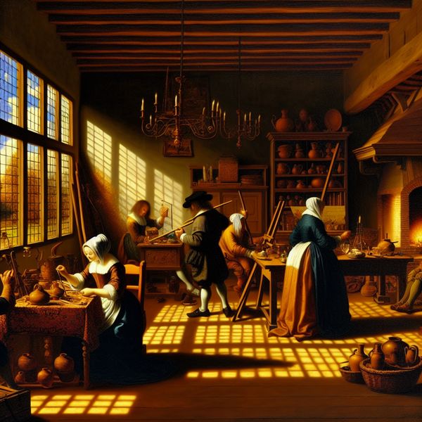 Industriële bloei in een 17e-eeuwse binnenruimtescène Een serene binnenruimte die de groei van een economie tijdens een bloeiperiode toont, met werknemers die verschillende creatieve taken uitvoeren.