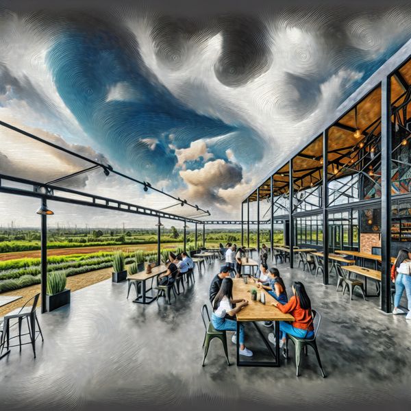 Moderne café met industriële stijl, grote ramen en een dramatische lucht