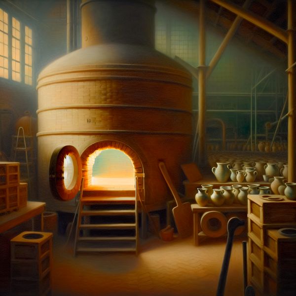 Industriële keramische oven met zacht diffuus licht, een pottenbakker aan het werk en gloeiende aardewerk binnenin de oven.