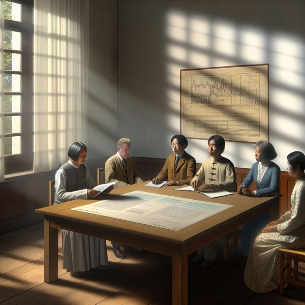 Discussie over Informatie op Papier in Historische Sfeer Groep mensen in historische kleding die rond een houten tafel zitten, besprekende documenten met grafieken in een zacht verlichte kamer.