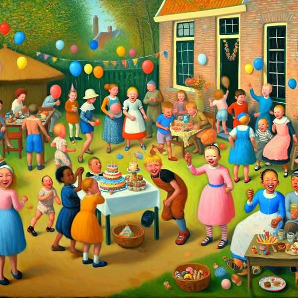 Vrolijk Kinderfeestje in de Tuin Een levendige scène van een informeel kinderfeestje in een vrolijke tuin vol met ballonnen en slingers.