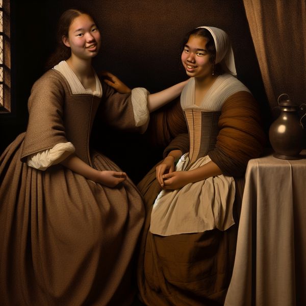 Vriendschappelijke aanspreekvorm 'meid' in historische setting voor taalonderwijs Twee jonge vrouwen in 17e-eeuwse kleding die vriendschappelijk met elkaar praten in een gezellige Nederlandse huiskamer, symboliserend het informele woord 'meid'