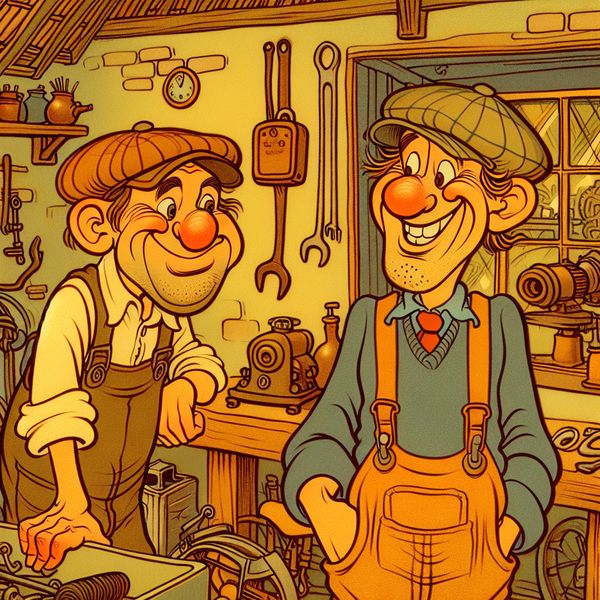 Informeel woord voor vader: vader en zoon in gezellige garage - Nederlandse taal leren Cartoonachtige scène van een vader en zoon die samen aan een auto sleutelen in een gezellige garage, illustratie van het informele woord voor vader in het Nederlands