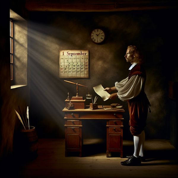 17e-eeuwse Nederlandse kantoorscène met kalender waarop 1 september is omcirkeld, man met contract in dramatisch licht, symboliserend een nieuwe start of ingangsdatum