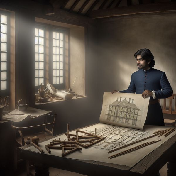 Ingenieur presenteert architectonische blauwdruk in een rustige kamer Een ingenieur die een gedetailleerd architectonisch blauwdruk presenteert aan een houten tafel in een serene kamer