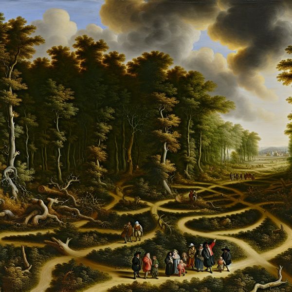 Ingewikkeld landschap met bos en pad - symboliek voor complexe situaties Dramatisch landschap in de stijl van Jacob van Ruisdael met een kronkelend pad door een dicht bos, symboliserend voor een ingewikkelde situatie of relatie