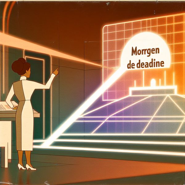 Inleiden van een mededeling: deadline aankondiging in Nederlands leren Illustratie van een persoon die een belangrijke mededeling inleidt met de tekst 'morgen is de deadline' op een futuristisch scherm, gericht op taalonderwijs en communicatie