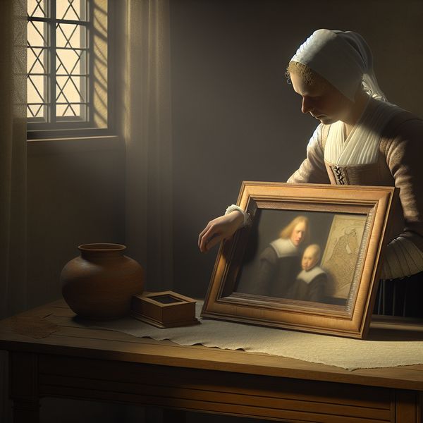 Foto inlijsten in klassieke Vermeer-stijl: rustig en gedetailleerd tafereel 17e-eeuws tafereel van een persoon die een familiefoto in een houten lijst plaatst, in de stijl van Johannes Vermeer met zacht licht en gedetailleerde texturen