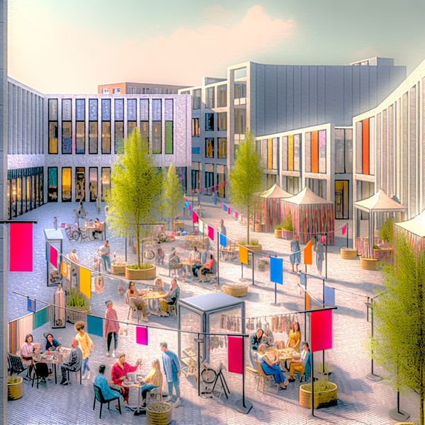 Vibrante buitenruimte van een innovatieve hub met samenwerkende startups en kunstenaars.