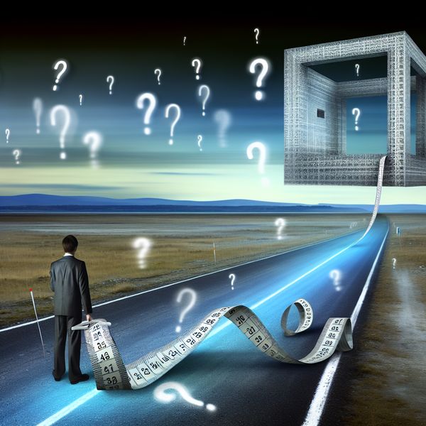 Inschatting en benadering in surrealistisch landschap met meetlint en zwevend huis Surrealistisch landschap met persoon die een reusachtige meetlint vasthoudt, symboliserend inschatting en benadering in een droomachtige omgeving