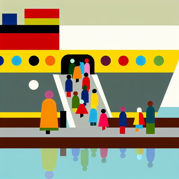 Kindvriendelijke illustratie: inschepen voor vertrek met schip Minimalistische illustratie van mensen die een schip inschepen via een loopplank, in de stijl van Dick Bruna