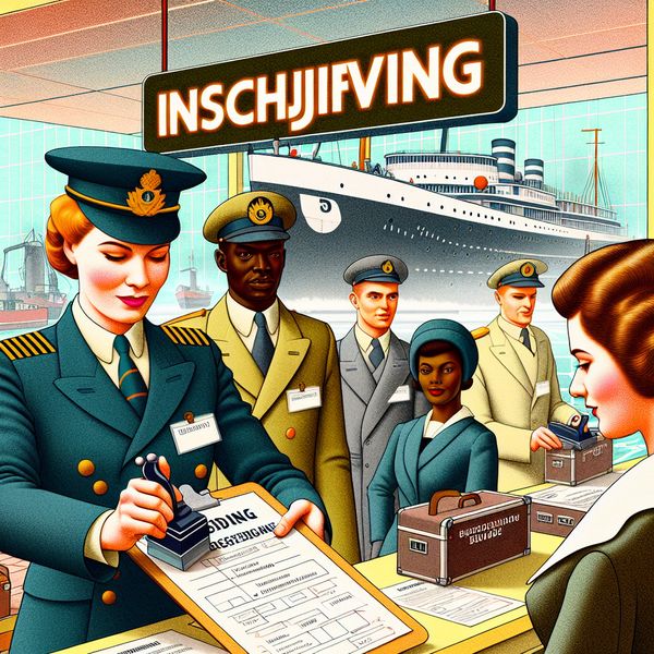 Retro-futuristische illustratie van een havenkantoor uit de jaren 50 waar een ambtenaar een inschrijvingsdocument goedkeurt voor reddingsbrigade-werk