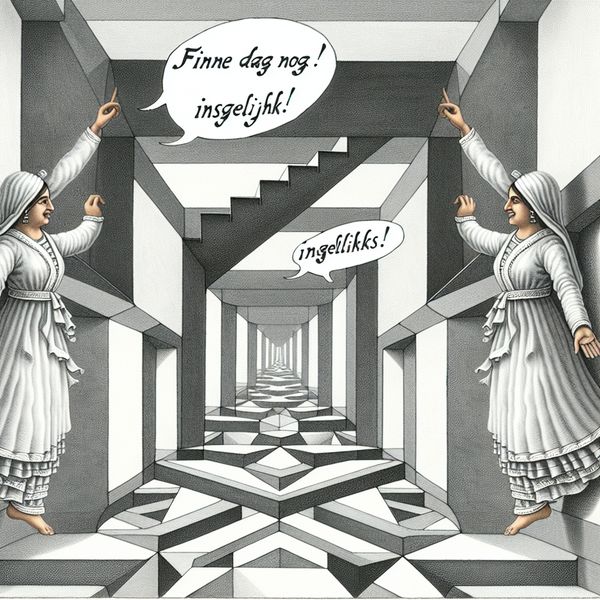 Surrealistische tekening in de stijl van M.C. Escher met twee identieke figuren die elkaar een fijne dag wensen in een spiegelende gang met optische illusies en symmetrische patronen