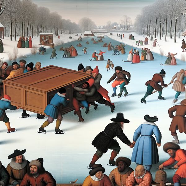 Groep mensen werkt samen om zware houten kast over bevroren kanaal te verplaatsen in levendige winterse scène in stijl van Hendrick Avercamp