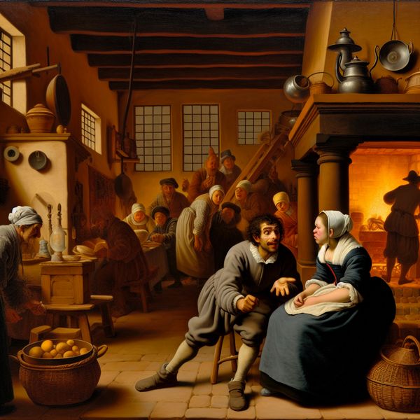 Een levendige en humoristische scène in de stijl van Jan Steen, met een man die zijn oprechte gedachten presenteert aan een sceptische vrouw in een gezellige kamer.