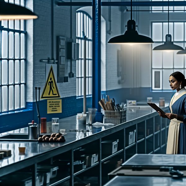 Inspecteur controleert naleving regels en kwaliteit in bedrijfsomgeving Inspecteur in een moderne industriële keuken of magazijn die met een tablet controleert of regels en kwaliteitsnormen worden nageleefd, in de stijl van Johannes Vermeer
