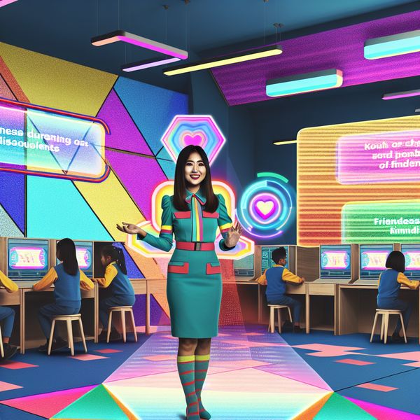 Inspirerende leerling die vriendelijkheid en samenwerking bevordert Een zelfverzekerde jonge vrouw helpt haar klasgenoten in een geometrisch klaslokaal, omringd door holografische displays met boodschappen over vriendelijkheid en samenwerking.