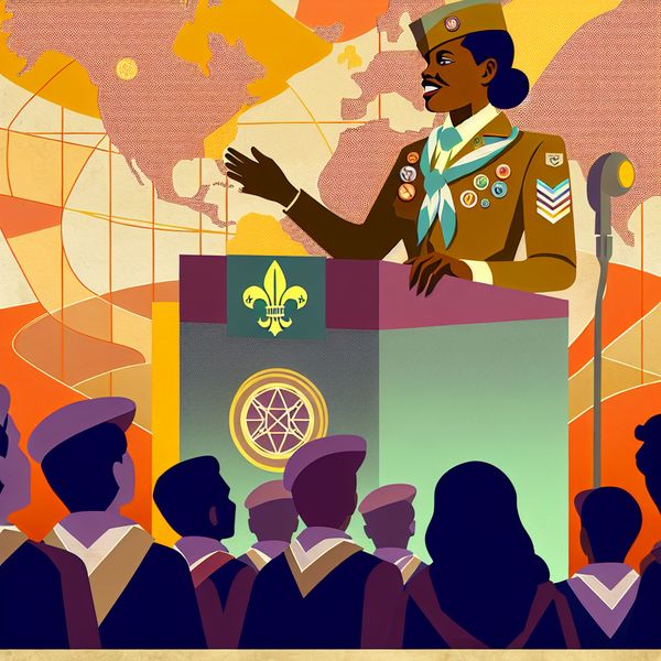 Leiderschap in scouting: inspirerende leider voor internationale jeugdorganisatie Charismatische leider in scoutinguniform spreekt een diverse groep jonge scouts toe tijdens een internationale bijeenkomst, met wereldkaart en scoutingemblemen op de achtergrond