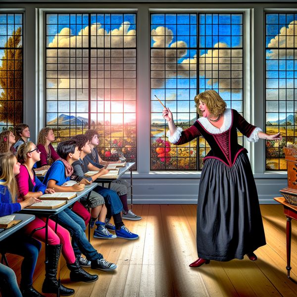 Inspirerende Leraren in de Klas Een toegewijde leraar geeft les in een klaslokaal met een inspirerend uitzicht op een groen landschap.