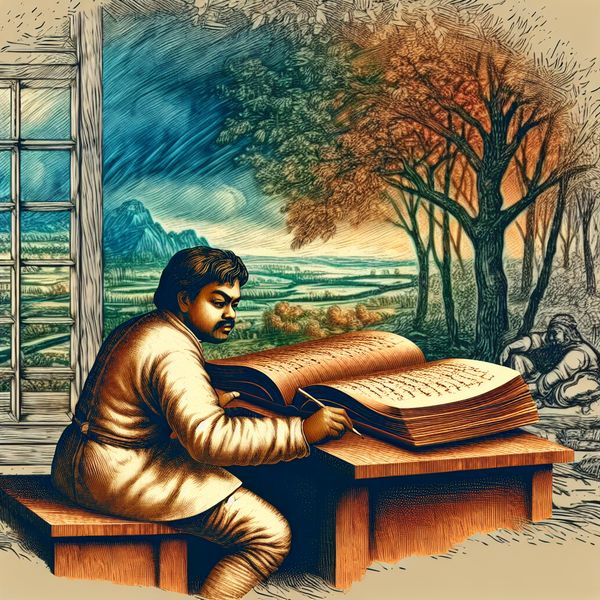 Inspirerende schrijversscène aan rustiek bureau in Ruisdael-stijl Persoon schrijft in notitieboek aan houten bureau omgeven door natuur