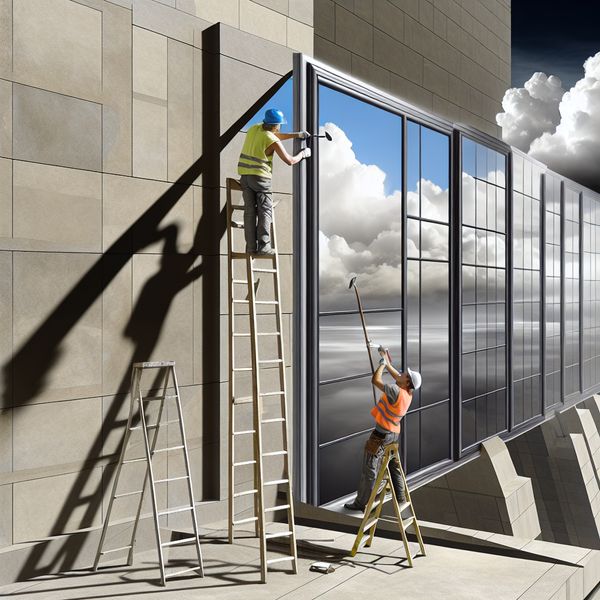 Installatie van Energiezuinige Ramen in Monumentaal Gebouw Twee arbeiders op een ladder installeren moderne energiezuinige ramen in een monumentaal gebouw.