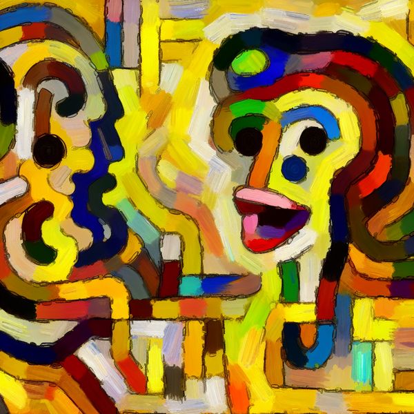 Abstracte voorstelling van twee figuren in gesprek, waarbij één persoon instemmend 'Mmm' zegt met een gloeiende geluidsgolf in warme kleuren