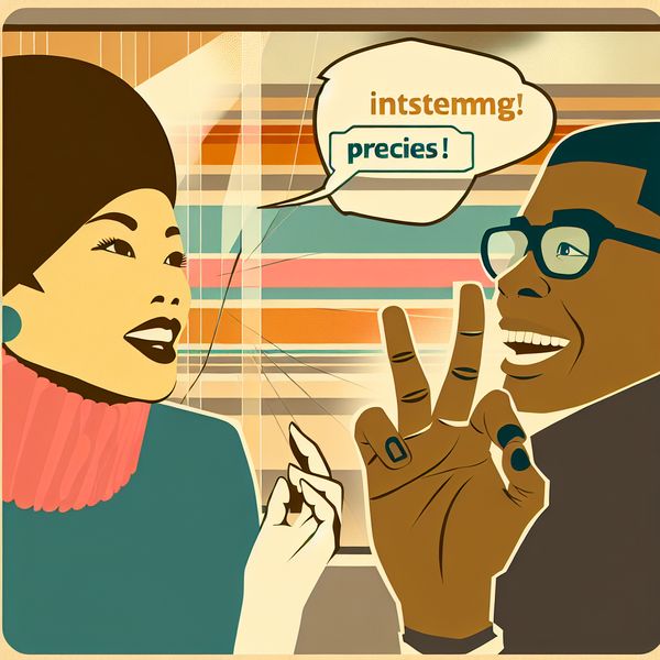 Illustratie van instemming in spreektaal met 'Precies!' - Taal leren Nederlands Twee mensen in een retro-futuristische setting uit de jaren 60 hebben een gesprek en drukken instemming uit met het woord 'Precies!' in een spraakwolk