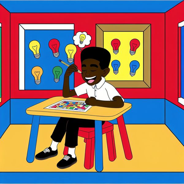 Intelligente jongen lost puzzel op - minimalistische illustratie voor taalonderwijs Minimalistische illustratie van een slimme jongen die geconcentreerd een puzzel oplost aan een bureau, omringd door lichtgevende ideeën in een vrolijke kamer