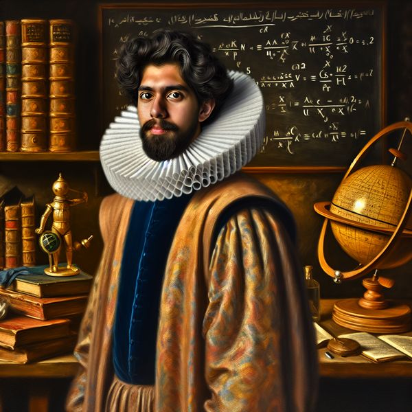 Intelligente professor in historische studeerkamer - taal en wetenschap leren Portret van een intelligente professor in 17e-eeuwse studeerkamer met boeken, wiskundige formules en wetenschappelijke instrumenten zoals een globe en astrolabium