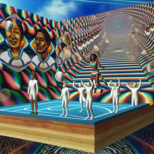 Een illustratie van een intense competitie met een diverse groep atleten in een surrealistische, geometrische arena die lijkt op een oneindige trap, met een triomferende atleet die zijn armen in de lucht steekt te midden van dynamische patronen die energie en punten weergeven.