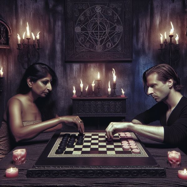 Intense Dammen Wedstrijd in Donkere Sfeer Twee spelers spelen dammen in een sfeervolle, slecht verlichte kamer met een houten tafel en kaarslicht