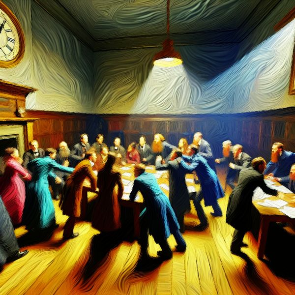 Intense Debat Over Concurrentie in Verlichte Kamer Groep mensen in een intensieve debat met expressieve lichaamstaal in een slecht verlichte kamer