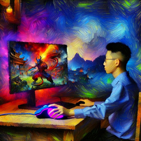 Intensieve Gaming Ervaring in een Cozy Kamer Persoon achter een bureau met een kleurrijke muis, volledig gefocust op een intensieve gamesessie, omgeven door een levendig, impressionistisch gekleurde kamer