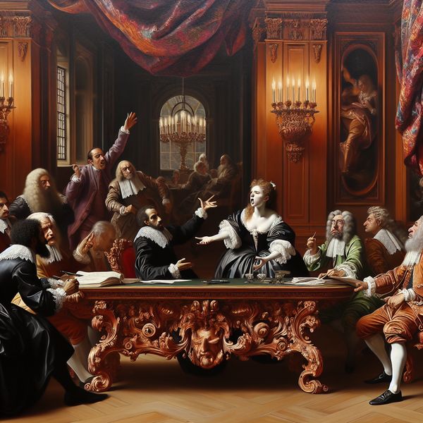 Een barokke scène van een intense vergadering in een weelderige kamer met een grote houten tafel omringd door een diverse groep elegant geklede mensen.